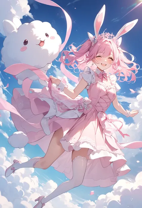 Best Quality, pretty girl, Pastel colors, Fluffy bunny ears,Amazing Smile,Dancing on a cloud,Dressed up in pink ribbons again today