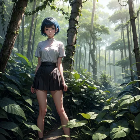 1 girl, Short hair, Blue hair, Wear a gray shirt, Short skirt, Standing in the middle of a vine forest