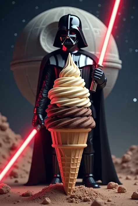 A vanilla and chocolate wafer cone ice cream, with the darth vader suit with his red lightsaber, In the background a galaxy with the death star from star wars 