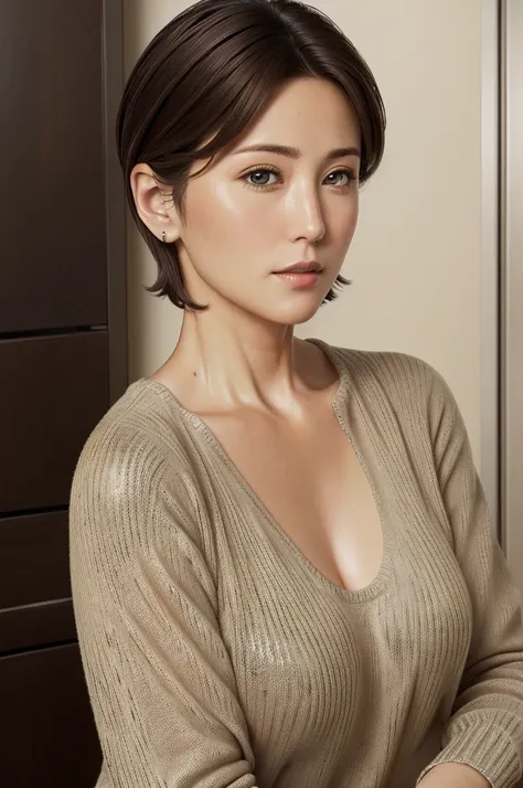 Ultra(Representative works: 1.3), (8k, Realistic, RAW Photos, Best image quality: 1.4), (40 year old mature woman),Small face, Beautiful Face, (Realistic Face),No makeup, Natural Makeup, light makeup, (Dark brown, short hair: 1.3), Beautiful hairstyle, Rea...