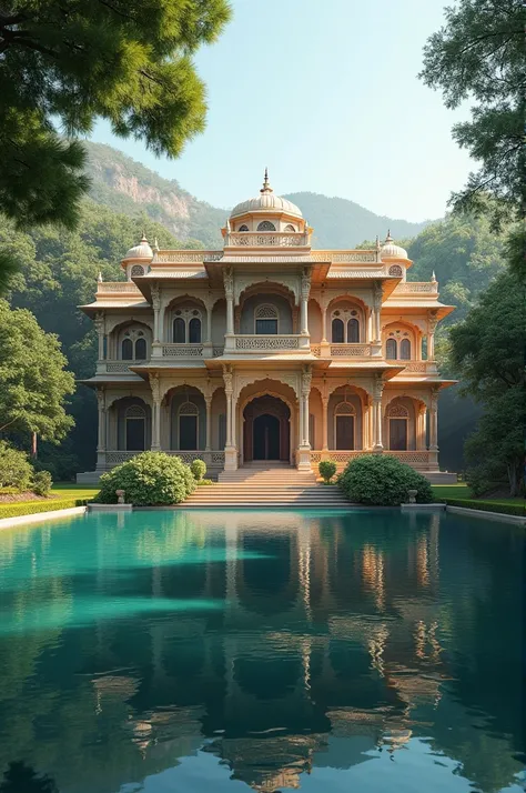 Indian haveli style infront of Lake beautiful realistic surrounded by trees and plants royal simple elegant class