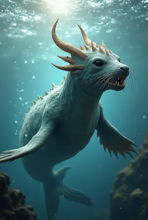  Hybrid fusion of Seal and waterdragon  realwatery background