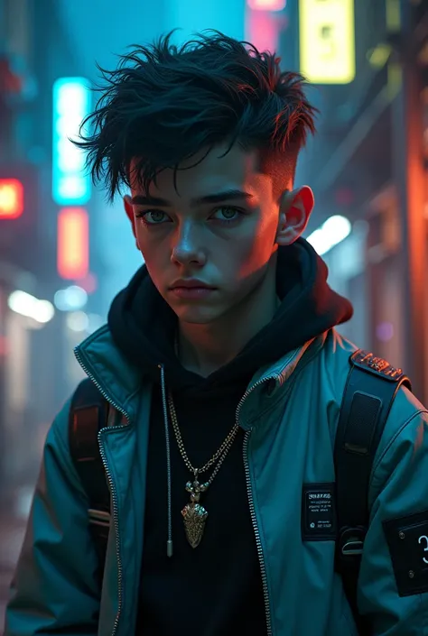 cyberpunk can you make a 15- teenager in the back docks, science fiction style male, let&#39;s add neon style, let&#39;s get closer and let&#39;s show his face 