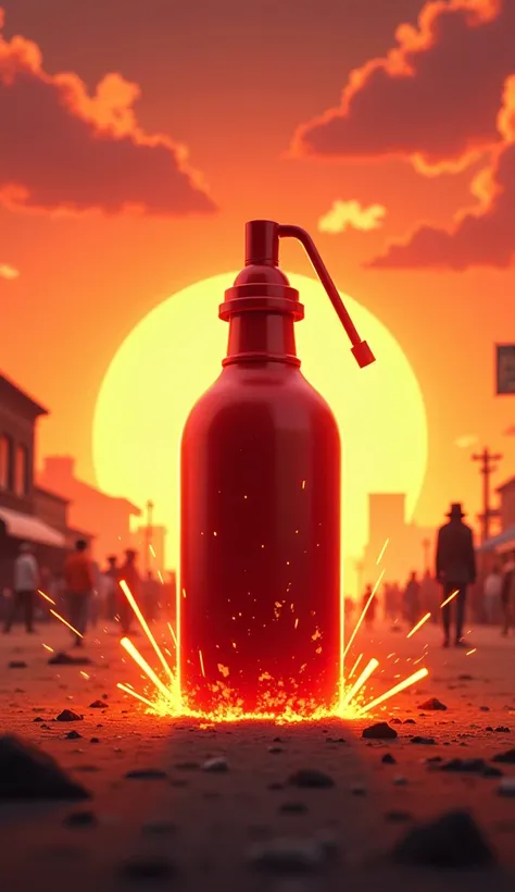 rpg,Cowboy animation style,game,There is a red one in the middle of the screen,There is fuse explosive next to it,Explosion Effect,No people around,There is a speed line,Sense of Focus,30 year old boy,Sunset background crowd, high quality, masterpiece