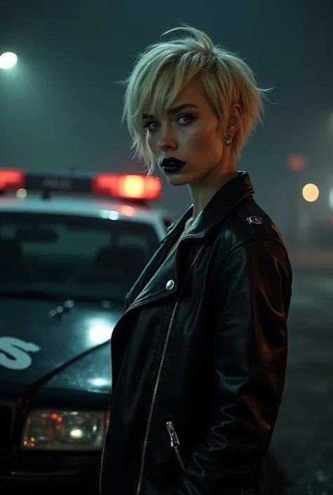 Short-haired blonde with black lipstick and a black leather jacket standing next to a police car in a dark place 