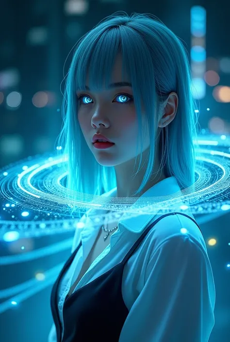 ((masterpiece)), (best quality), (detailed), (1girl), (inner data stream) light blue gradient hair, light blue glowing eyes, straight hair, wearing a modern white shirt and black dress, covered by data particles, locked around the neck