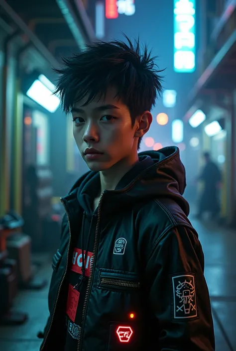 cyberpunk can you make a 15- teenager in the back docks, science fiction style male, let&#39;s add neon style, let&#39;s get closer and let&#39;s show his face 