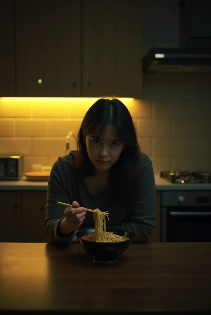 A person eating ramen on a counter looking at the camera, In the background there is a kitchen with a depressive and lonely atmosphere and yellow lights on in the background THAT THE PERSON IS LOOKING AT THE CAMERA (show a little more of the kitchen