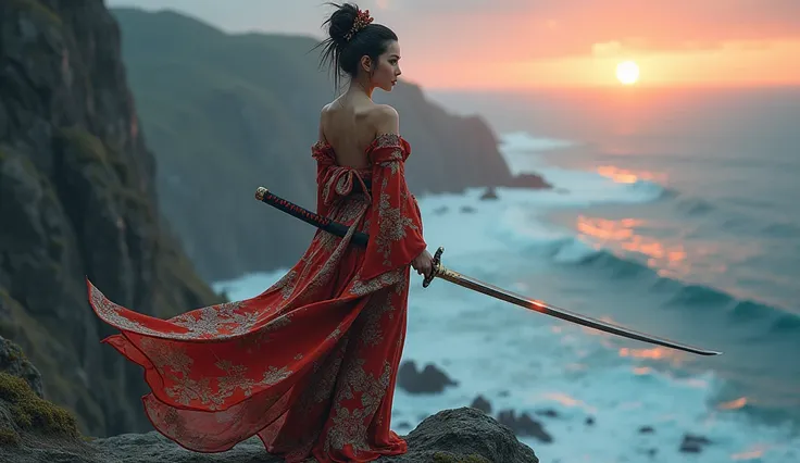 beautiful girl standing on a cliff, wearing sexy black Japanese traditional kimono extreme detailed and realistic looking uniform, holding a huge Katana, big push up breast, beautiful face, seductive look, sexy make-up, hyperrealistic, intricate details, c...