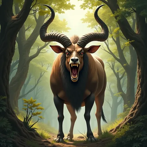 Show a huge Oryx in a forest with its mouth open in anger