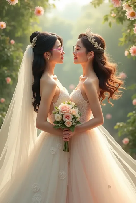 Two women in wedding dresses, one tall with pink glasses and black hair and the other a little shorter with brown hair and no glasses 