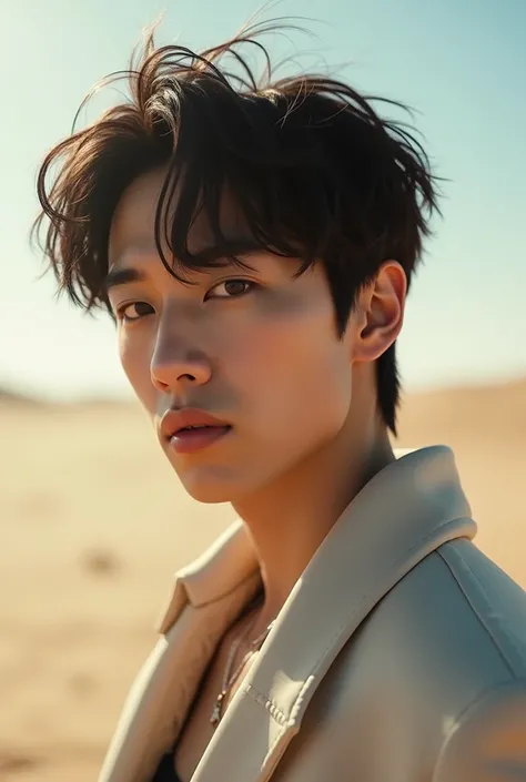 Kim Seok Jin of BTS with shiny eyes standing in a desert like a dream angle ....just his face ..zoomed in ...