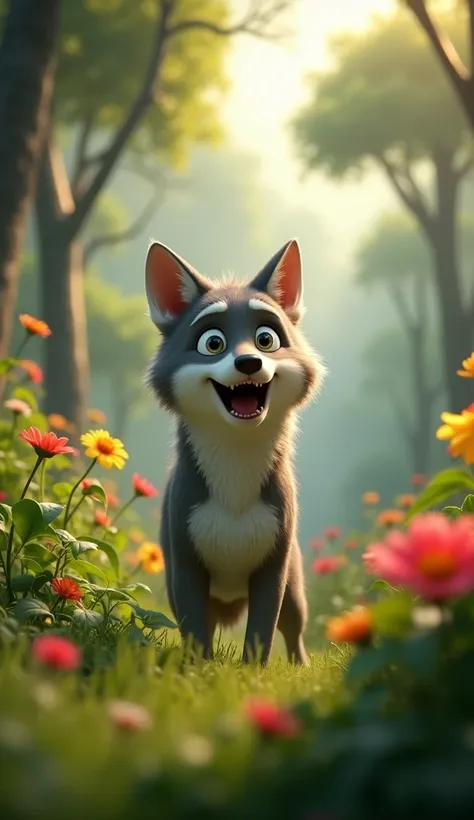 A gray and white furred wolf with a surprised expression with wide open eyes and mouth, standing in the middle of a beautiful jungle. Lush greenery and vibrant foliage surround you, with tall trees and colorful flowers scattered everywhere. Sunlight filter...