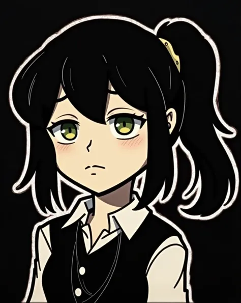 Renee has black hair kept in a loose yet high ponytail and pale, chartreuse eyes, although they can be mistaken for yellow. She he also has prominent lines under her eyes that reflect on her weariness.

She wears a dark vest over a light shirt, a loose nec...