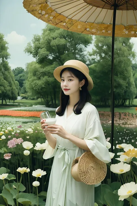 painting of a beautiful woman in a hat and hold a glass of milk in a flower garden, she look sweetly and cute, her eyes look at ...