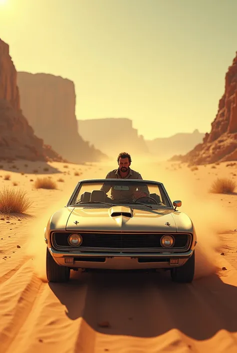 A man is driving a car in the desert