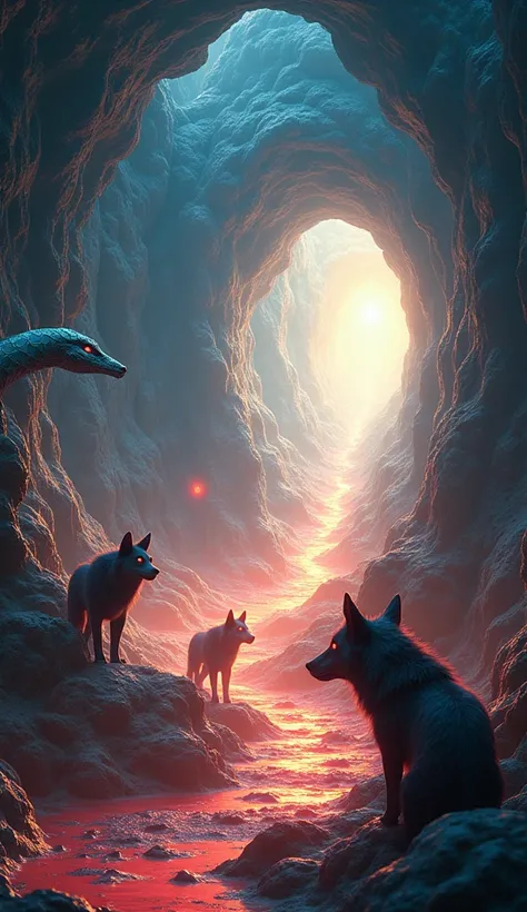 A double exposure, hyperrealistic digital art, 3D tunnel portal, surreal mystical mega-train, intricate wolf markings, glowing ground, white blue yellow flames, mystical wolf-like creatures, snakes, dragons with glowing eyes, vivid red fire trail, AI artis...