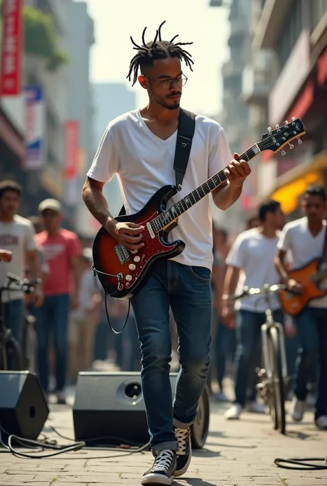 please make realistic photos, master piece, best quality. 30 year old Indonesian man, Handsome, small face shape, short neck, face and skin very clean, dreadlocks and wear a buff,playing electric guitar in the middle of the city crowd, Nearby there is a sm...