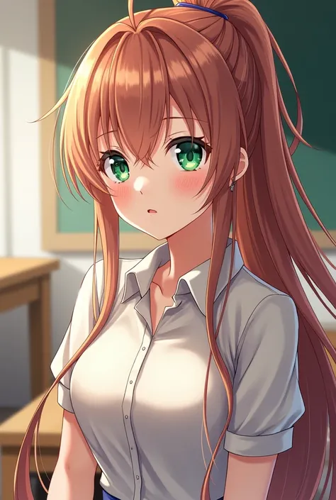 (masterpiece, Top quality, Best quality, Art, beautiful), Monika, green eyes, very long hair, ponytail, (background: classroom) anime girl