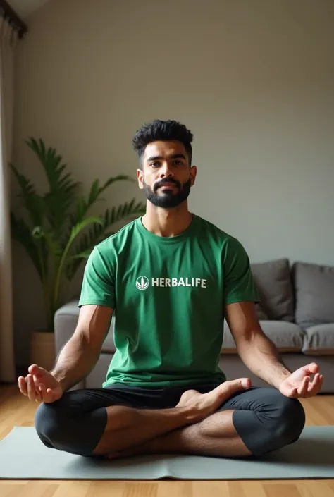 A indian 25-2 man wearing the t-shirt of Herbalife and doing yoga at home 