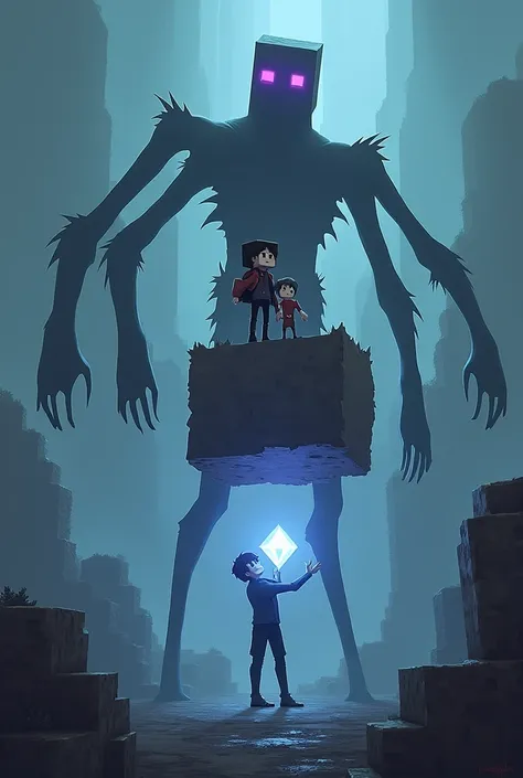 An Enderman, carrying a block of earth and on top of that block is stive, carrying Alex and Alex carrying a gem or diamond in his hand
