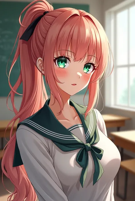 (masterpiece, Top quality, Best quality, Art, beautiful), Monika, green eyes, very long hair, ponytail, (background: classroom) manga girl