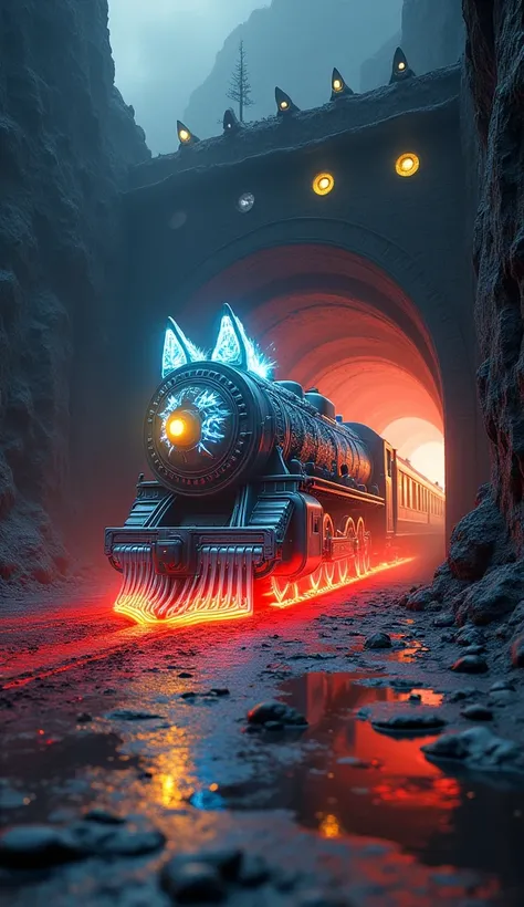 A double exposure, hyperrealistic digital art of a dark, stony 3D tunnel portal. The portal ejects a surreal mystical mega-train adorned with intricate wolf markings. The ground beneath the truck glows brightly, and the wheels emit white, blue, and yellow ...