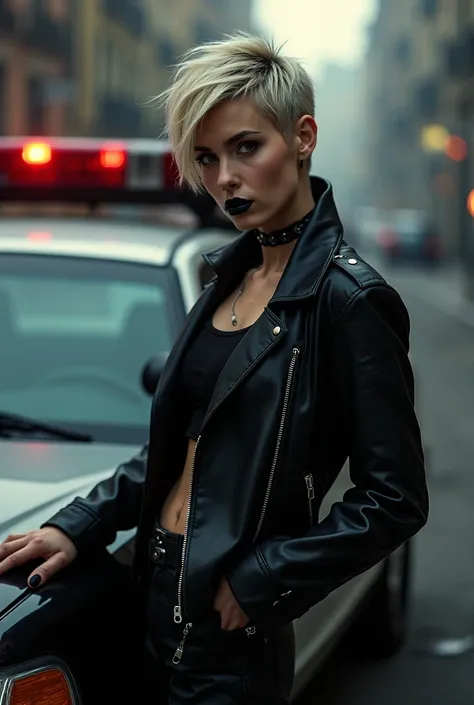 Short-haired blonde with black lipstick and a black leather jacket leaning against a police car 