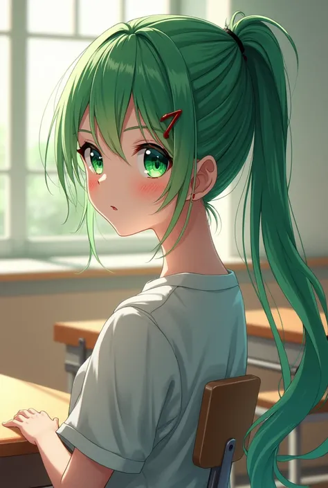 (masterpiece, Top quality, Best quality, Art, beautiful), Monica, green eyes, very long hair, ponytail, (background: classroom) anime girl 