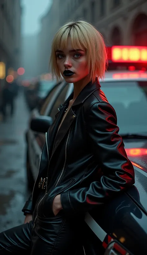 Short-haired blonde with black lipstick and a black leather jacket leaning against a police car in a dark place 