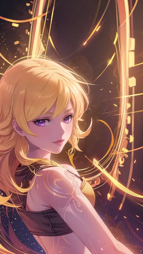 1girl, combining elements of Yang Xiao Long from "RWBY" and Lilith from "Borderlands", beautiful detailed eyes, beautiful detailed lips, extremely detailed face and portrait, long eyelashes, flowing golden hair, lilac/violet eyes, small bust, crop top, sho...