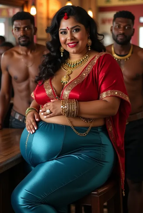 Full body view of a plus size tall and big giant indian wife, looking like indian actress honey rose, wearing only shining transparent blue silk leggings and low neck red silk blouse, white skin tone, beautiful face, red lips, clean skin, celebrity face, t...