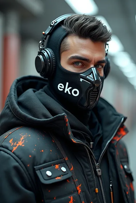 3D, potrait handsome man wear intricate streetwear outfit combined a modern mask, blended with a typography says "eko" in front it, futuristic, 