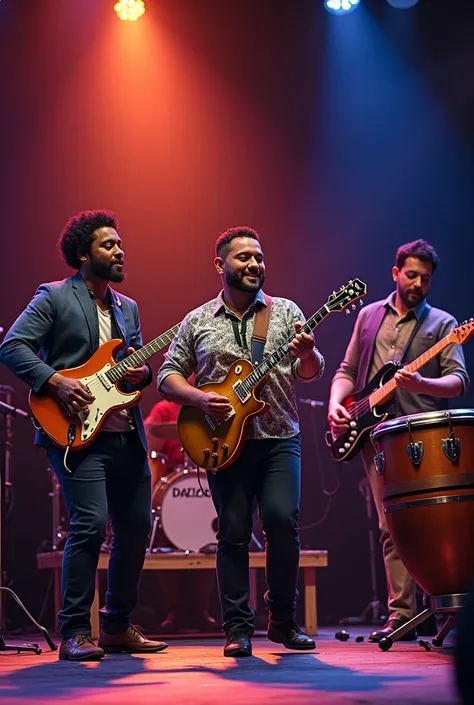 Music group with an electric bass, a guitar, an accordion, a saxophone, a drum kit, some congas 