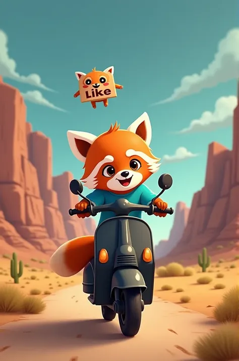 A cute cartoon red panda character rides a black scooter down a desert road at dusk. The leopard has large, expressive eyes and a playful smile, wearing an blue shirt. In the background, mountains and a dark sky are visible. Above the leopard, a small anim...