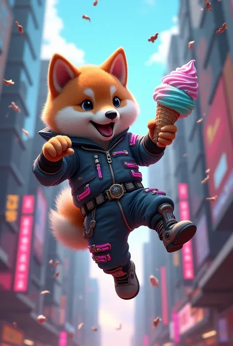 Shiba inu dog fighting pose falling down from sky cyberpunk style clothes with cute face and taking big icecream in hand more cyberpunk clothes 