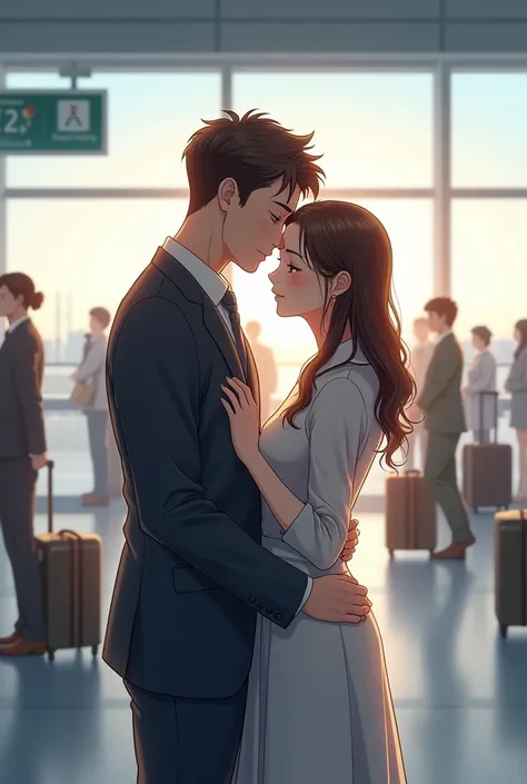 A man in suit kissing hia wifes forehead as he is going for abroad at airport anime drawing