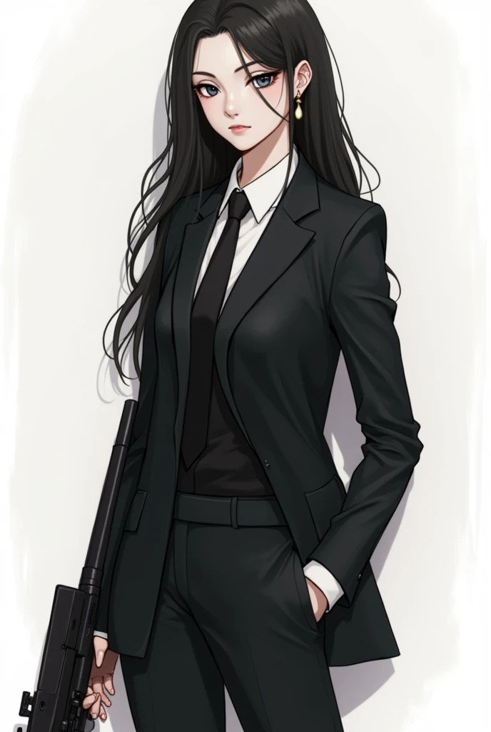 female,young adult,tall,slim,white skin,  serious expression,cool facial features,black hair,long hair,black eyes,wearing earrings,  high quality,high quality,delicate illustration,full-body illustration,  holding an assault rifle,  wearing a suit,