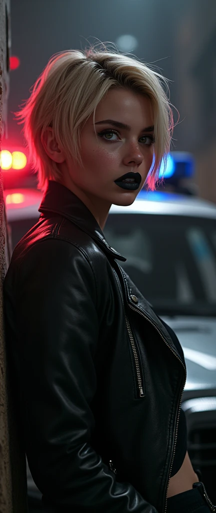 Short-haired blonde with black lipstick and a black leather jacket leaning against a police car in a dark place 