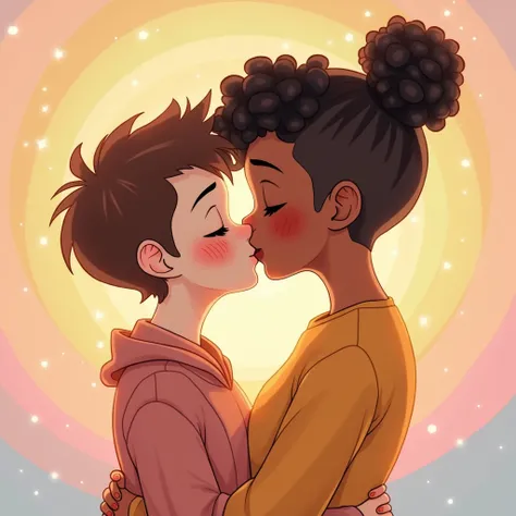 couple of lesbian girls hugging and kissing on the cheek, the one on the left with white skin is shorter in height, with short brown hair male cut spiky, on the right with dark skin, curly brown hair tied in a bun with the nape of the neck shaved, with spo...