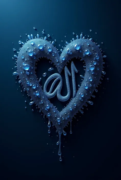 Name of Allah in heart  shape  realstic water drop,realistic, 3d,4k ,navy bluevelvet shine background,