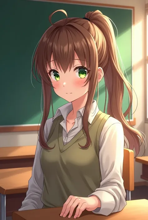 (masterpiece, Top quality, Best quality, Art, beautiful), Monika, green eyes, very long hair, brwon ponytail, (background: classroom) anime girl 