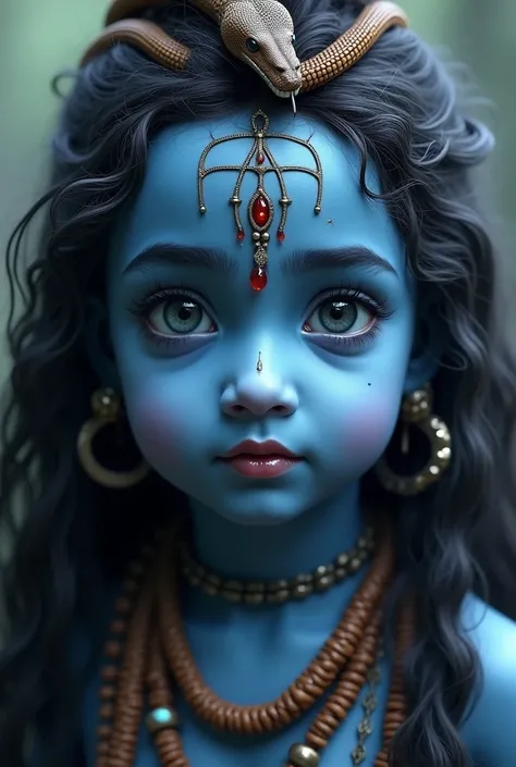 (photorealism:1.2), beautiful  eyes of baby kid lord blue skin shiva with bare forehead and very long curly hairs tied up with rudrakha beads and cobra snake  wrapped around the neck and looking hood opened cobra and with background is blurred bokeh effect...