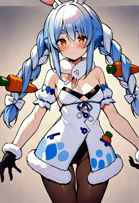 NSFW,masterpiece,Best Quality,High resolution,Very detailed,One girl,,Usada Pekora(Hololive),Orange eyes、Thick eyebrows、Bunny ears、Two-tone hair、Blue Hair、White Hair、Long Hair、Twin Blade、Hair accessories、Fur collar、White Dress、Fur-trimmed dress、Exposed sho...