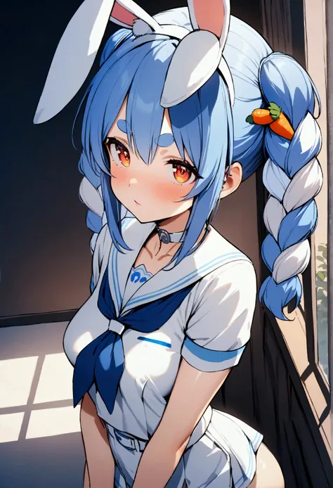 NSFW,masterpiece,Best Quality,High resolution,Very detailed,One girl,Usada Pekora(Hololive),Orange Eyes、Thick eyebrows、Bunny ears、Blue Hair、Short Hair、Two Side Up、Hair Clip、White choker、Sailor suit、Short dress、Short sleeve、Blue neckerchief、White belt