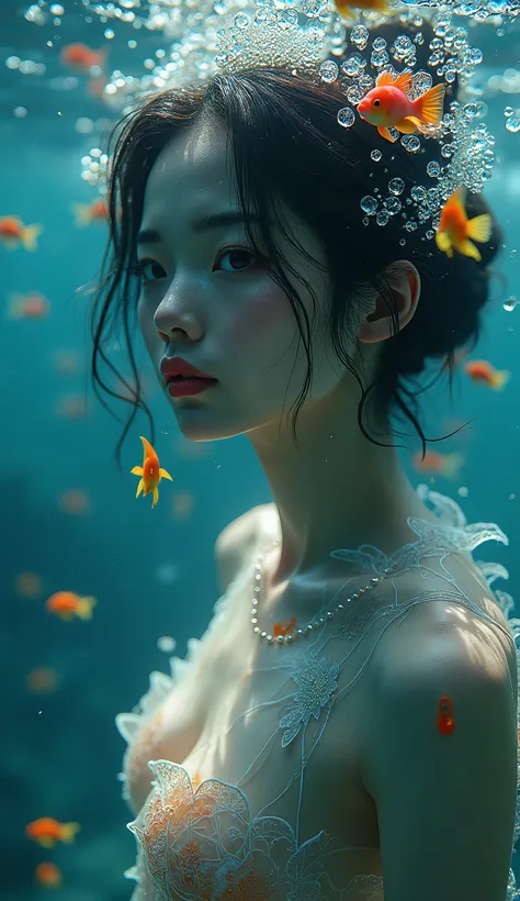 live-action、Real、Beautifully detailed eyes、Beautifully detailed lips、Highly detailed eyes and face、Long eyelashes、Japanese woman swimming underwater、Fish swimming around her、Underwater Portrait、Underwater Photography、Surreal beautiful young woman、Cinematic...