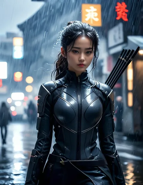 a beautiful young japanese girl in a cyberpunk ninja outfit, walking alone in the rain, holding a katana, several enemy figures lurking behind her in the heavy rain, rain drops on her clothing, hair and face, high-tech equipment with signs of wear, cinemat...