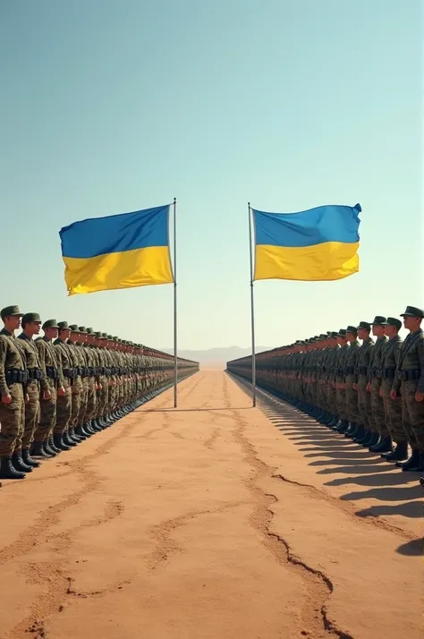 Flags: large flag of Russia in
left side and large flag of Ukraine in right side comparing Russia and Ukraine army.
Main Focus: Multiple army rows are aligned neatly on the ground. Russian army under the flag of Russian and Ukrainian army under the flag of...