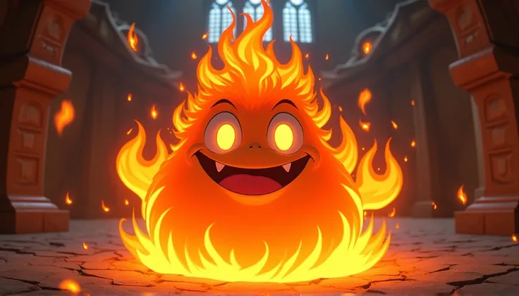 bCalcifer from Studio Ghiblis movie "Howls Moving Castle", a magical fire demon powering Howls castle, flame-shaped with bright orange and yellow hues, eyes and mouth with a unique and lovable expression, background featuring Howls Moving Castle, photograp...