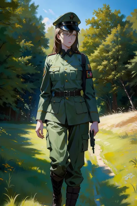 Detailed full body portrait，(A female soldier with a determined expression)、(Inspired by David Hettinger) A realistic painting was created, Figurative art, Detailed Description, Realistically, Artwork, Contour，  Colorful Noise, Visual clutter,Modern aesthe...